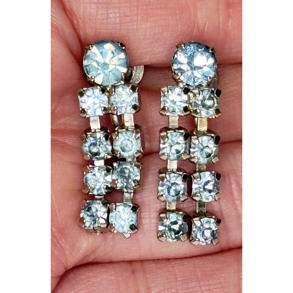 Vintage Blue Prong Set Rhinestone Dangle Earrings Screw Back Silver Tone